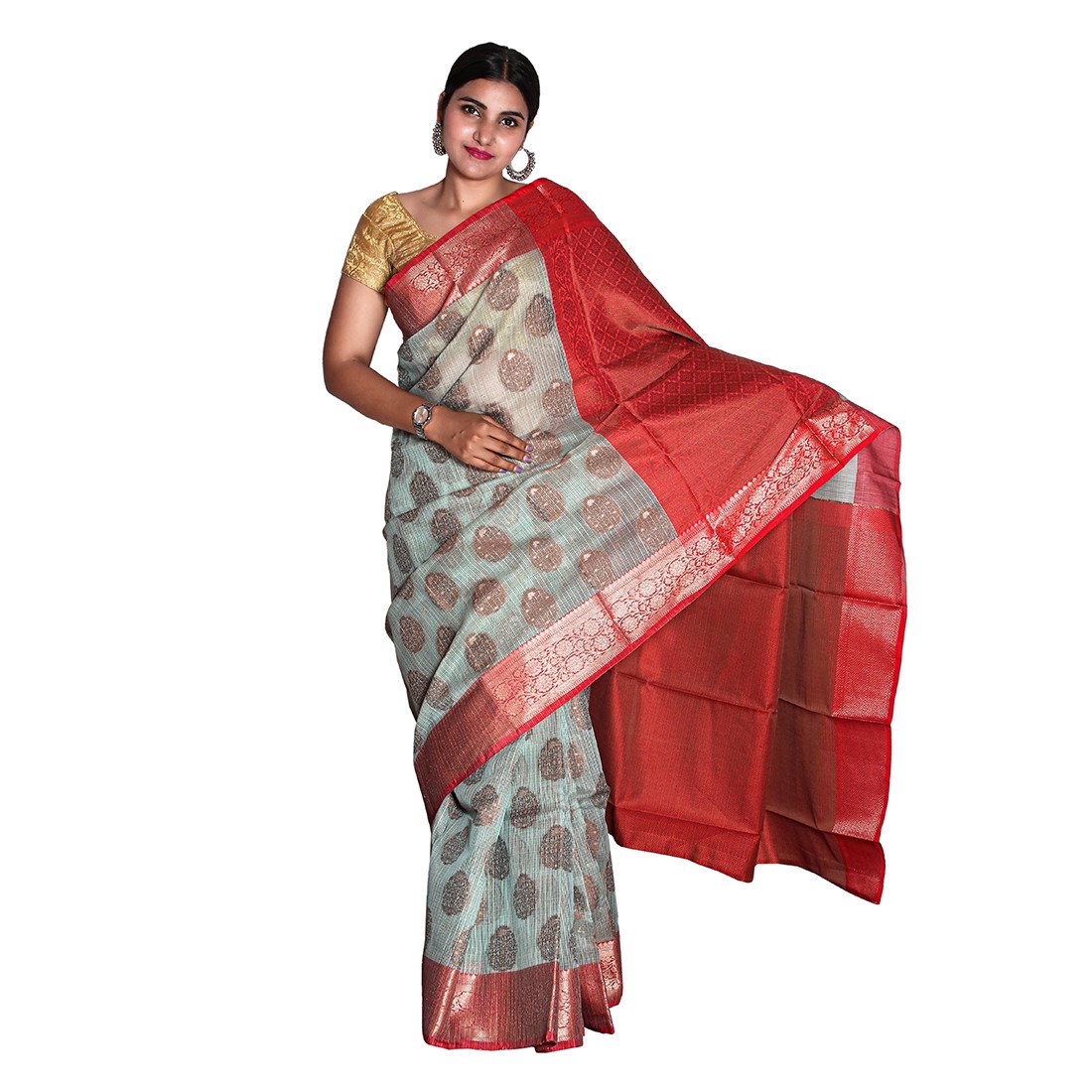 Pista Kora Cotton Banarasi Saree With Double Weaving Thread And Striped  Zari Border – Wearitage India