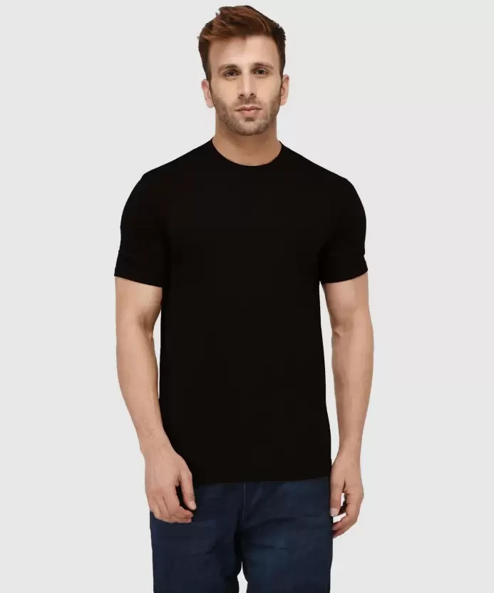 Men Solid Round Neck Cotton Blend BLACK  T-Shirt