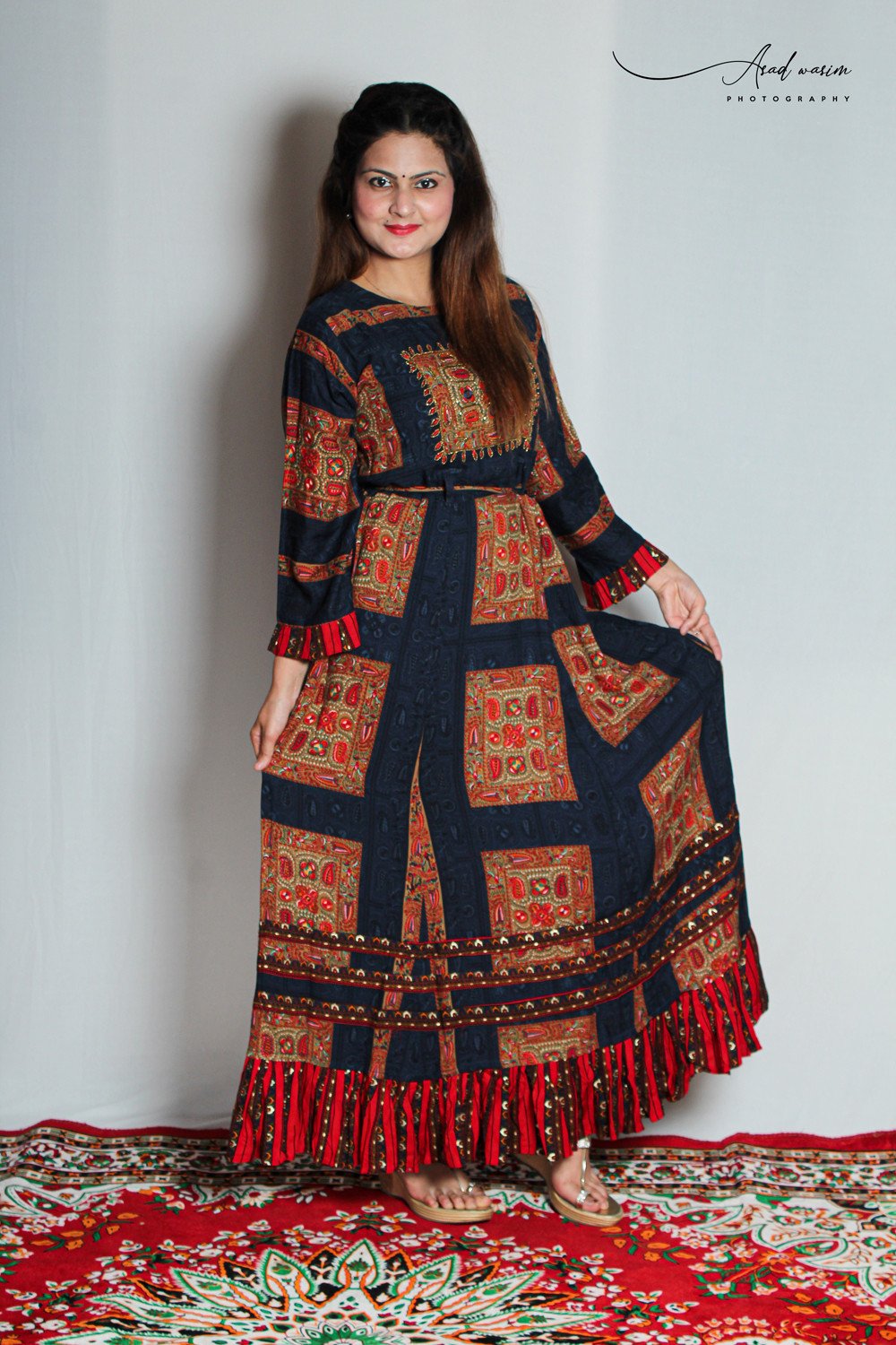 Fully Stitched zigzag print Rayon straight cut Jaipuri Kurti with palazo and Dupatta full Suit set with Gota Patti Work