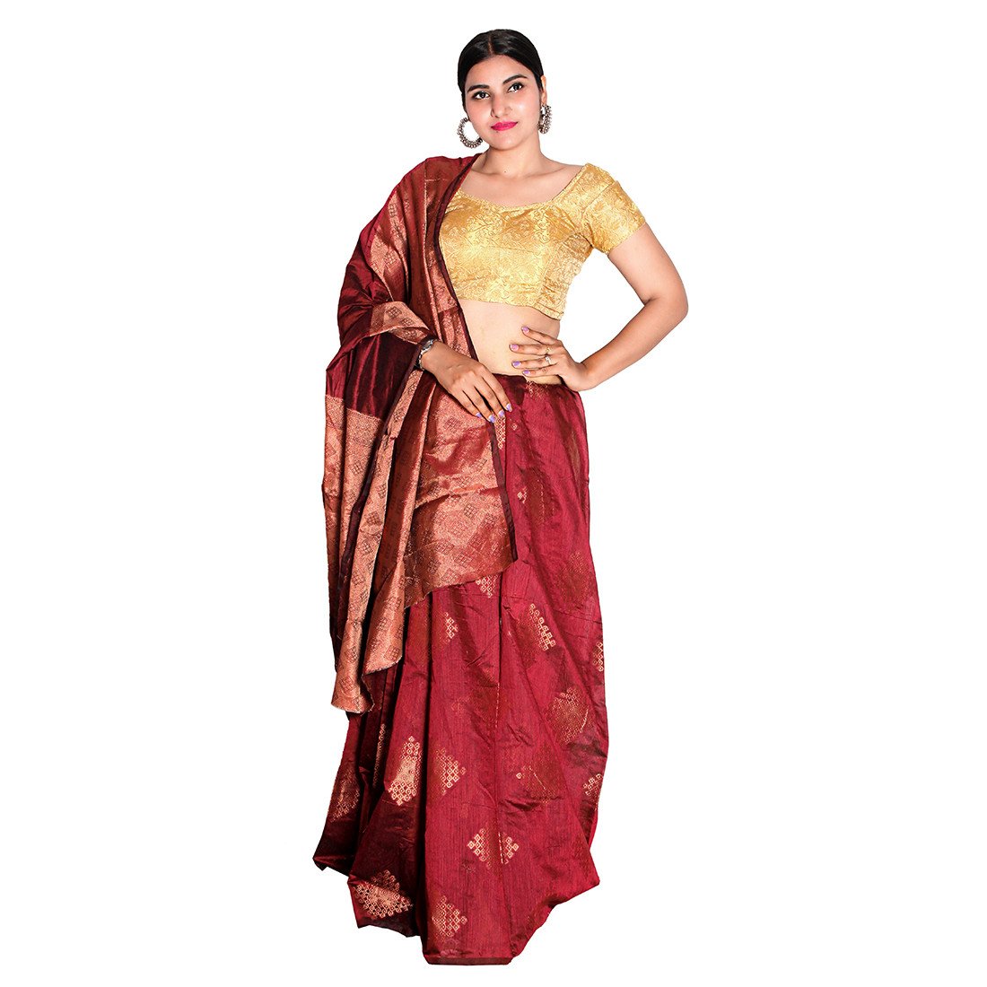 HAMH Maroon Soft Cotton Silk Weaving Saree with Block Zari Print