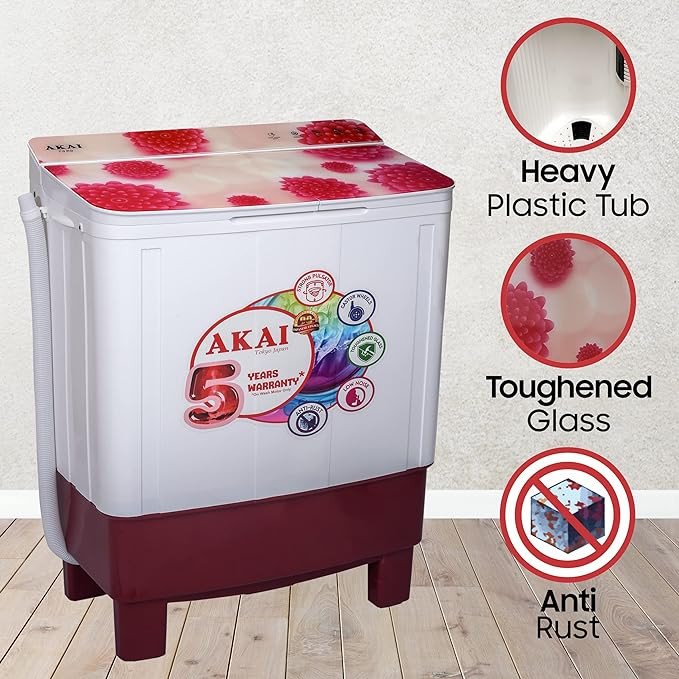 Akai 7 kg Semi-Automatic Top Loading Washing Machine (AKSA-70CRFG, Red, Toughened Glass Lids)