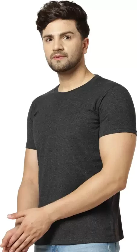 Men Solid Round Neck Cotton Blend Grey T-Shirt
