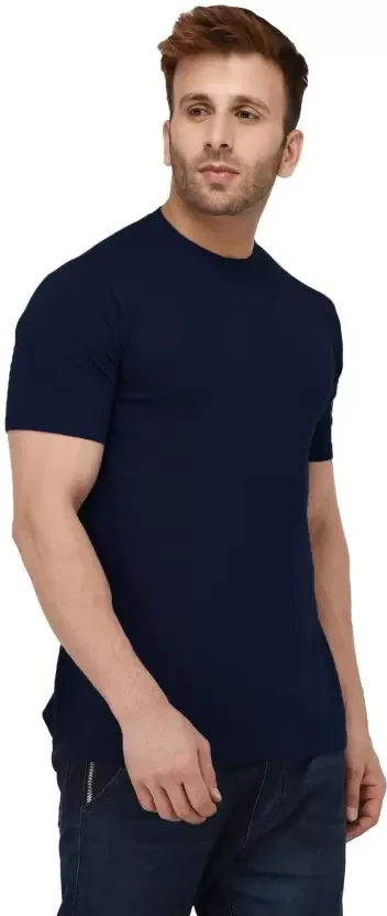 Men Solid Round Neck Cotton Blend NAVY BLUE   T-Shirt